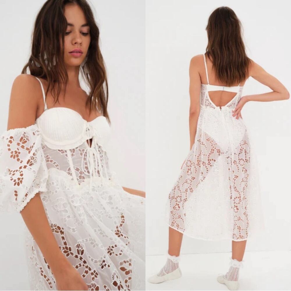 FOR LOVE & LEMONS Romi Eyelet Lace Sheer White Midi Dress Size Small - Picture 3 of 10